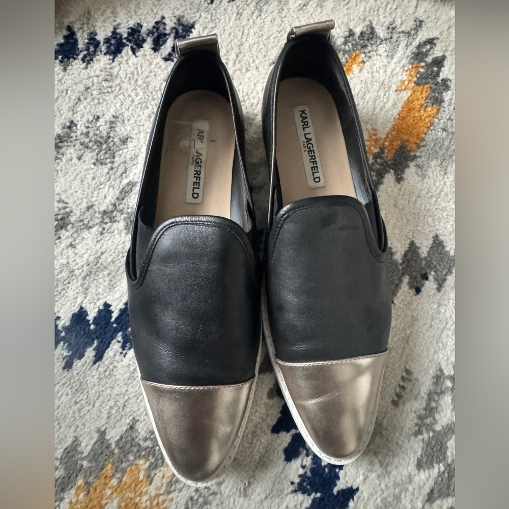 Karl Lagerfeld Black and Silver Loafers